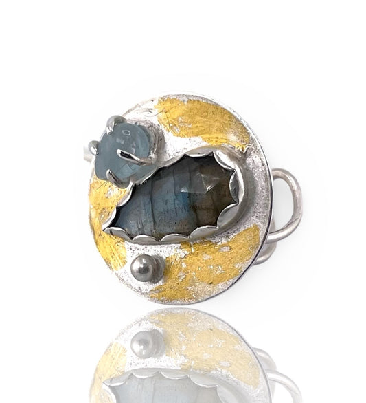 Marbled Labradorite and Aquamarine Disc Ring